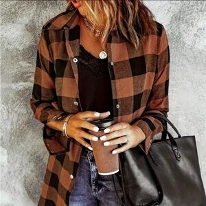 Amazon Women's Brown and Black Plaid Button Down Shirt